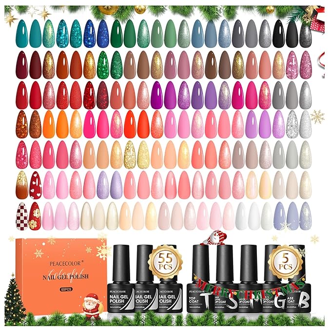 PEACECOLOR 60PCs Gel Nail Polish Set 55 Fall Winter Colors Brown Pink Red Gel Polish with 5Pcs Glossy/Matte/Glitter Top Base Coat Soak Off Long Lasting Manicure Kit Gifts for Women DIY Home