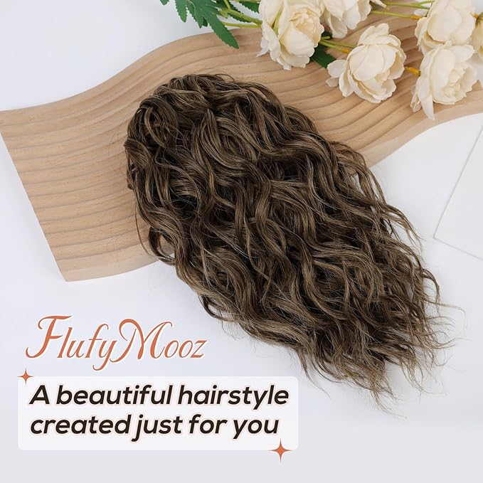 FLUFYMOOZ Ponytail Extension, 12" Short Claw Ponytail Extension Wavy Curly Jaw Clip in Pony tails Hair Extension Natural Synthetic Hairpiece for Women (Medium Brown Auburn)