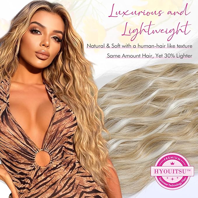 REECHO Hair Extensions, 9PCS Blonde Clip in Hair Extensions 24" Thick Long Mini Mermaid Wave Luxurious Lightweight Japanese Technology HYOUITSU Fiber - HE009 Medium Blonde with Highlights