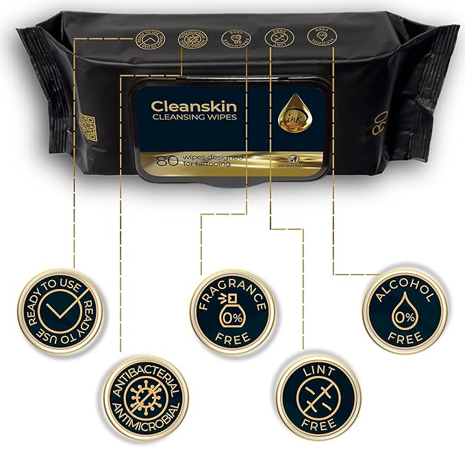 CleanSkin Cleansing Green Soap Wipes for Tattooing All in One Solution to Heal and Clean, Tattoo Soap for PMU & Piercing, Alcohol and Fragrance Free, Unscented, 80 Count (Pack of 3)