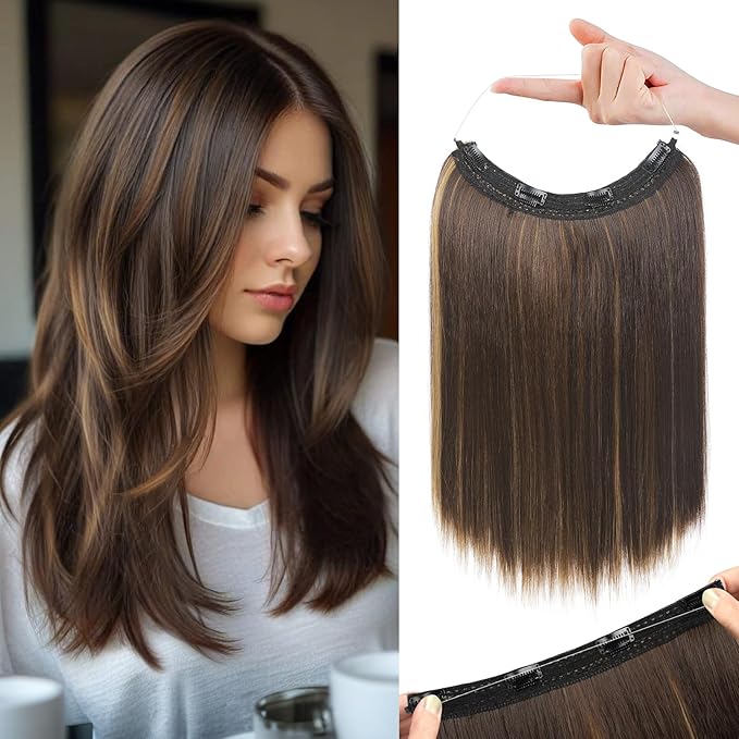 REECHO 16" Invisible Wire Hair Extensions with Thinner Softer Lace Weft Adjustable Size Removable Secure Clips in Short Straight Secret Hairpiece for Women - Dark Brown with Highlights