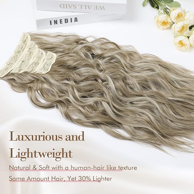 REECHO Hair Extensions, 4PCS Clip in Hair Extensions HE001 Natural Soft Synthetic Hairpieces for Women, Light Ash Brown with Highlights