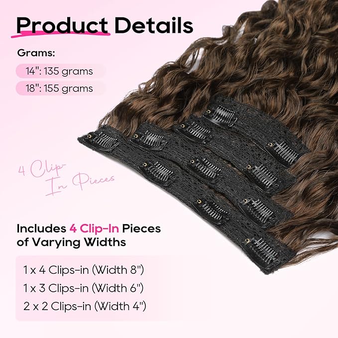 REECHO Curly Hair Extensions - 4PCS 14" GoGo Curly Clip in Hair Extensions 100% Super Protein Hairpieces with Invisible Lace Weft Silky Soft Natural Look for Women - Chocolate Brown with Lighter Ends