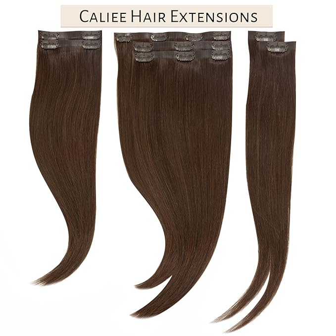 Caliee Seamless Clip in Human Hair Extension Skin Weft Seamless Hair Extensions Clip in 7Pcs Fluffy Not Tangled Remy Hair Extensions Medium Brown Straight Clip ins for Women 110G 20Inch
