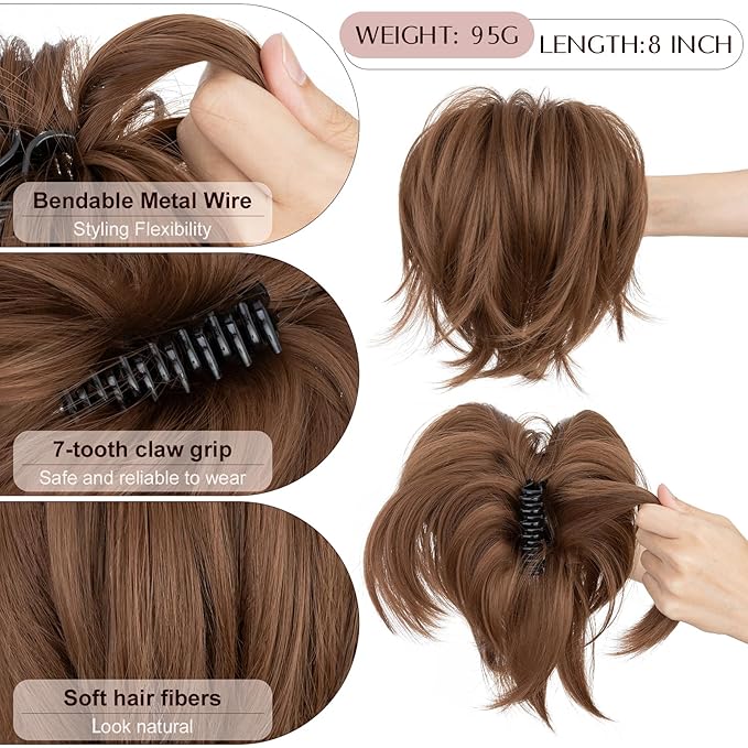 Claw Clip Short Ponytail Hair Extensions Messy Bun Hair Piece Pony Tails Hair Extensions with Bendable Metal Wire Hair Pieces DIY Style 12 Caramel Brown 8 Inch