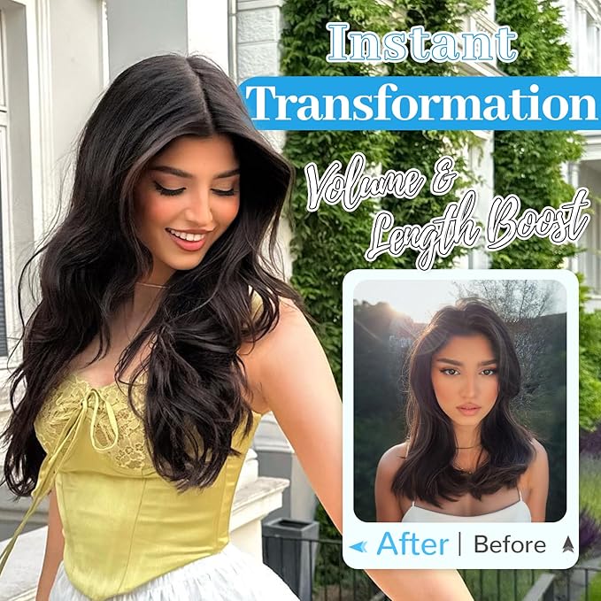 KooKaStyle Invisible Wire Hair Extensions Long Wavy Layered Synthetic Hair Extensions with Transparent Wire Adjustable Size 6 Secure Clips Dark Brown/6# Hairpieces for Women 16 Inch