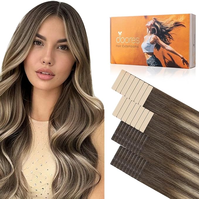 DOORES Invisi Edge Tape in Hair Extensions Human Hair, Chocolate Brown to Honey Blonde 20 Injection Tape-ins with 20 Classic Tape-ins 100g 16 Inch, Virgin Tape in Extensions