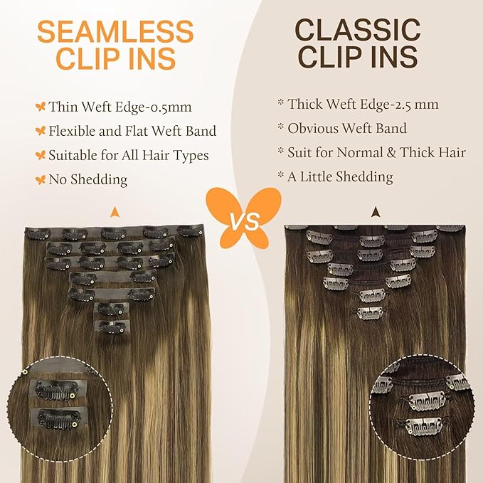 DOORES Seamless Clip in Hair Extensions, Chocolate Brown to Caramel Blonde 16 Inch 110g 7pcs, Seamless Human Hair Extensions Invisible Edge Hair Extensions Straight Hair Skin Weft