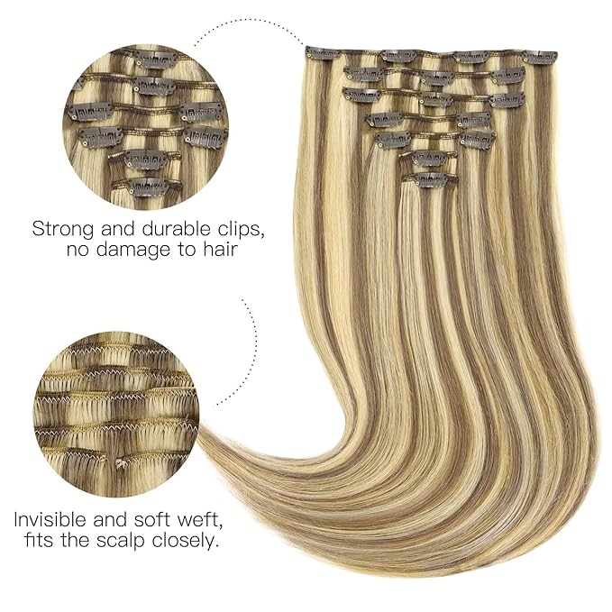 HOTBANANA Human Hair Clip in Hair Extensions, Ash Brown Highlighted Golden Blonde Hair Extensions 120g Clip in Hair Extensions Real Human Hair Straight Remy Hair Clip Ins 18 Inch 7pcs