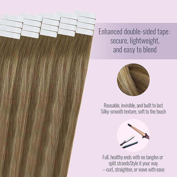 Fshine Brown Balayage Tape in Hair Extensions - Chocolate to Caramel Blonde Ombre Remy Human Hair - Straight Long,Natural Look 20 Inch 20 pcs 50 g,Great for Professionals & Office Women