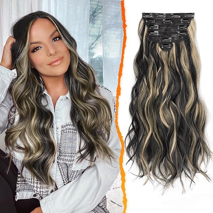 BARSDAR Black Mix Blonde Highlight Clip in Hair Extensions - 20 Inch Beach Wavy Clip in Hair Extensions for Women - 6PCs Thick Soft Synthetic Balayage Hairpieces Daily Party Halloween