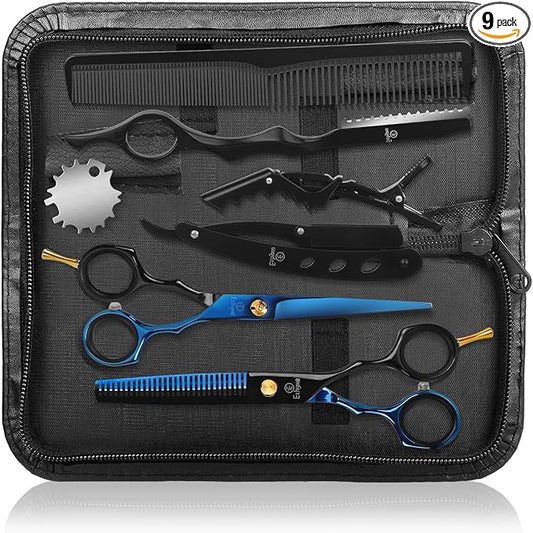 Hair Cutting Shears Sets - Professional 9 PCS Haircut Scissors Kit with 6.5" Thinning/Texturizing Scissors (29 Teeth) and Straight Shears for Men Women Home Salon (Black & Blue)