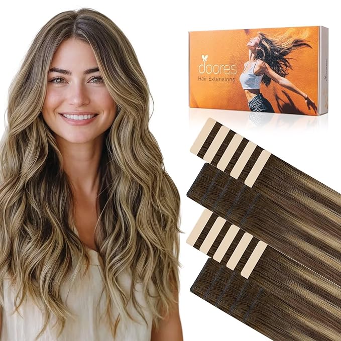 DOORES Invisi Edge Tape in Hair Extensions Real Human Hair, Chocolate Brown to Caramel Blonde 10 Injection Tape-ins with 10 Classic Tape-ins 50g 14 Inch, Injection Tape in Extensions