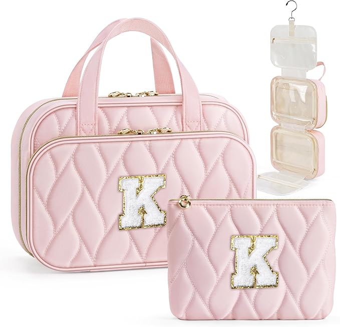 YOOLIFE Personalized Birthday Gifts for Women Teen Girls - Hanging Toiletry Bag Makeup Bag for Women Girls, Initial Toiletry Bag Makeup Bag Pink Letter K