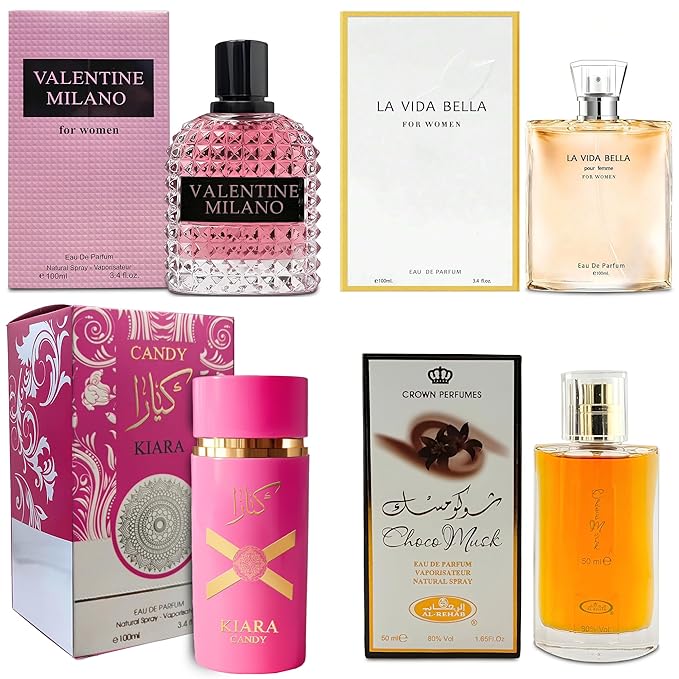 Top Sales 4 Piece Women Perfume Set Choco Musk/Valentine Milano/La Vida Bella/KA Candy Eau de Parfum, Women's Fragrance Sets with Luxury Gift Box for Daily Use