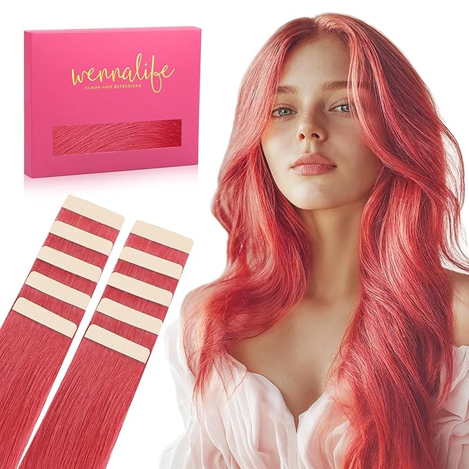 WENNALIFE Tape in Hair Extensions Human Hair Coral Red Tape in Extensions, 10pcs 25g 18 inch Remy Invisible Tape Ins Straight Colored Soft Real Human Hair Tape in Extensions Refill Set Extensions