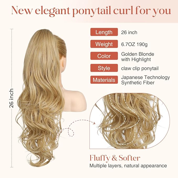 Flufymooz 26" Ponytail Extension, Long Wavy Curly Claw Clip in Ponytail Hair Extensions, Natural Synthetic Hairpiece for Women Daily Wear(Golden Blonde with Highlight)