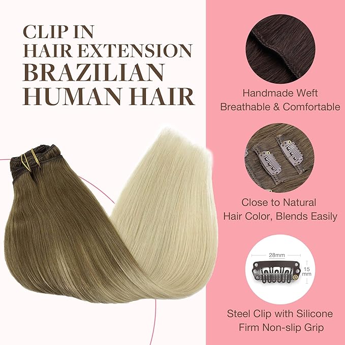 GOO GOO Clip in Hair Extensions Real Human Hair, Remy Human Hair Extensions Clip ins for Women, Natural Human Hair, 22inch 120g 7Pcs, 9/60 Balayage Ash Brown to Platinum Blonde