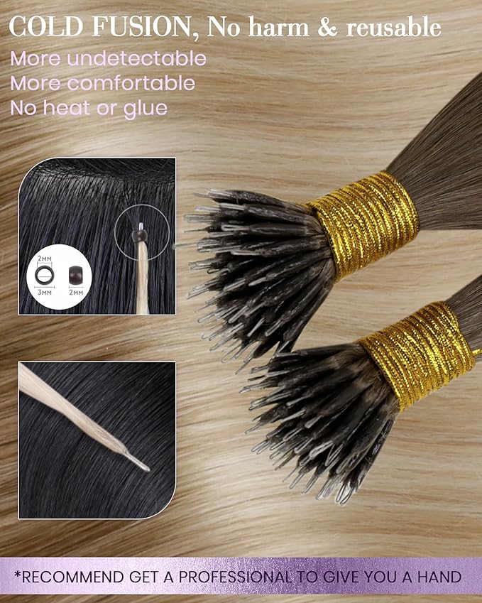 LaaVoo Nano Bead Hair Extensions Ombre Light Brown to Ash Blonde with Platinum Blonde Nano Ring Hair Extensions Human hair 50g 50s 18 Inch