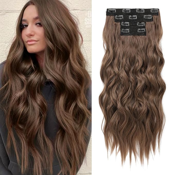 REECHO Clip in Hair Extensions, 4PCS Hair Extensions 24" Thick Long Beach Waves hair extensions HE003 Invisible Lace Weft Natural Soft Hairpieces for Women (Ginger Brown)