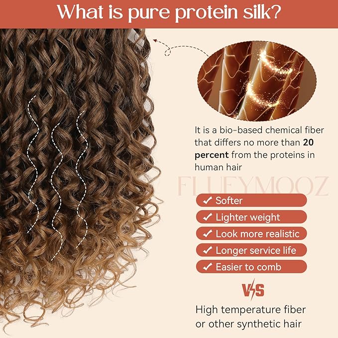 FLUFYMOOZ Clip in Hair Extensions, 18'' 4PC 100％ Pure Protein Silk Curly Hair extension for Women Lace Weft Hairpiece Natural Soft and comfortable for Daily Use-Almond Brown with Cooper Red