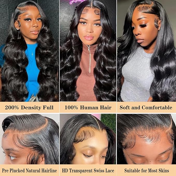 28 Inch Body Wave Lace Front Wigs Human Hair 200% Density 13x4 HD Transparent Full Lace Frontal Wigs Human Hair 12A Body Wave Glueless Wigs Human Hair Pre Plucked for Black Women 3X Longer Lifespan