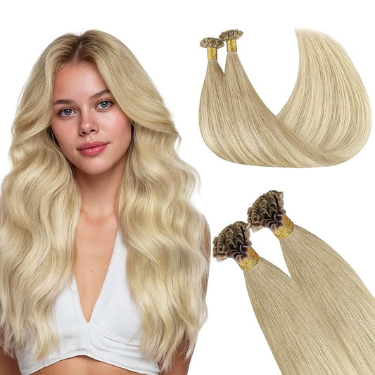 GOO GOO U Tip Hair Extensions Real Human Hair, 14inch 50g 50S, Invisible Remy Hot Fusion U Tip Hair Extensions, 18ET90A Natural Blonde Balayage