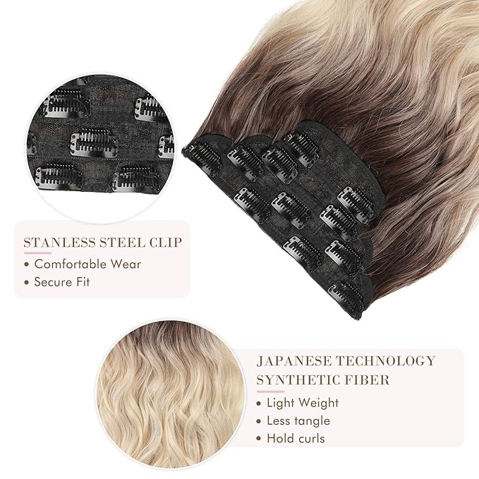 REECHO Hair Extensions, 4PCS Clip in Hair Extensions HE001 Natural Soft Synthetic Hairpieces for Women (20 Inch-200 Gram (Pack of 4), Ombre Ash Brown to Blonde)