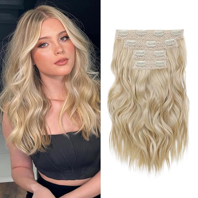 Hair Extensions, 14" Short Clip in Hair Extensions 4PCS Beach Wave Blonde Natural Soft Synthetic Hairpiece for Women - Natural Blonde