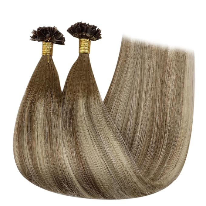 Full Shine Keratin Tip Hair Extensions Human Hair Dark Brown to Ash Brown and Honey Blonde Ktip Human Hair Extensions 14 Inch Fusion Extensions Remy Hair 50 Grams for Women