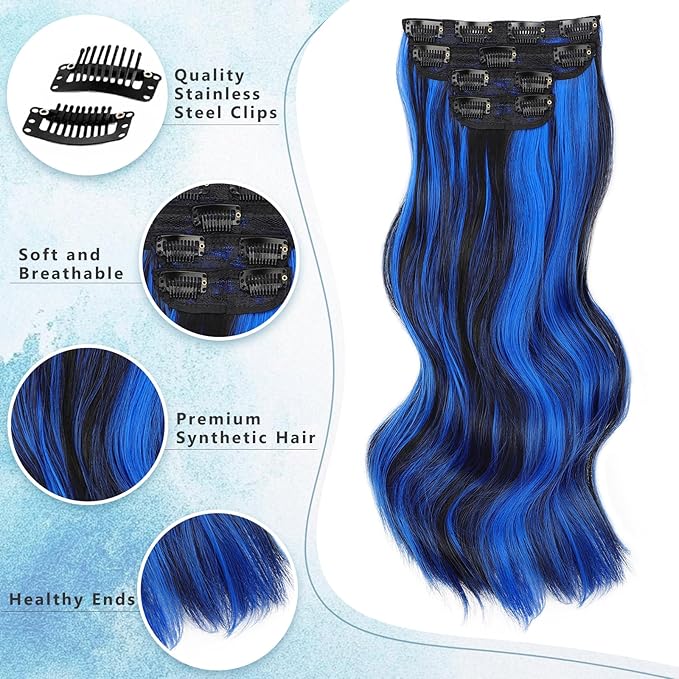 Vigorous Clip in Long Wavy Synthetic Hair Extension 4PCS Blue Black Highlights Hair Extensions 20Inch Easy to Install for Daily Use and Event Party Use