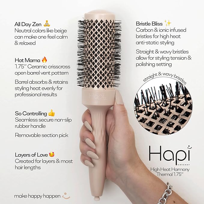 Cricket Hapi High Heat Harmony Thermal Brush - 1.75" Ceramic Barrel, Round Brush for Heat Styling with Hair Dryer, Mood-Friendly - Beige