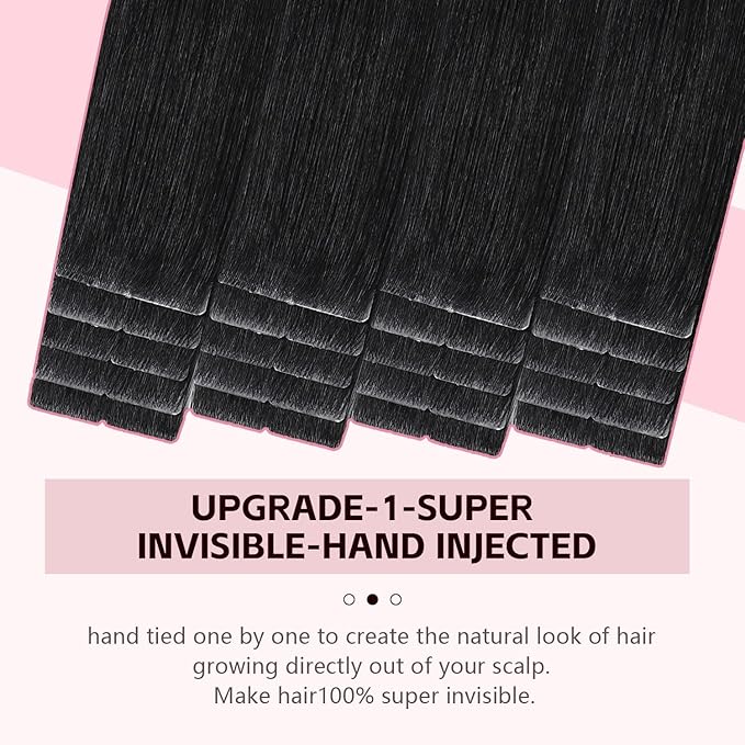 Invisible Tape in Hair Extensions Real Human Hair Pro3.0#1 Jet Black Color 20pcs 50g 22inch Seamless Insert Hand-Tied Invisi Edge Tape ins Extensions 3rd-Generation（#1-22inch）