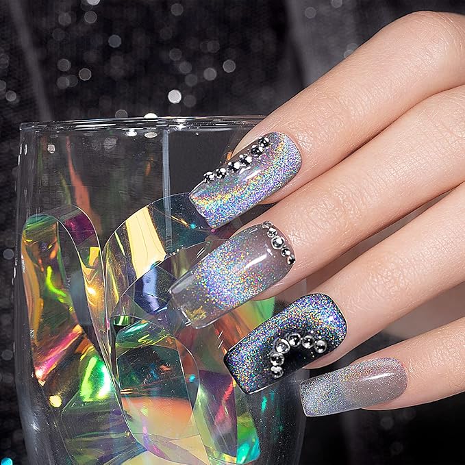 RARJSM Cat Eye Gel Nail Polish, Gel Polish Galaxy Rainbow Effect Universal Silver Holographic Glitter with Magnet Soak Off U V L E D DIY Manicure Art for Salon Designs and Home DIY 7.5ML/0.26fl oz