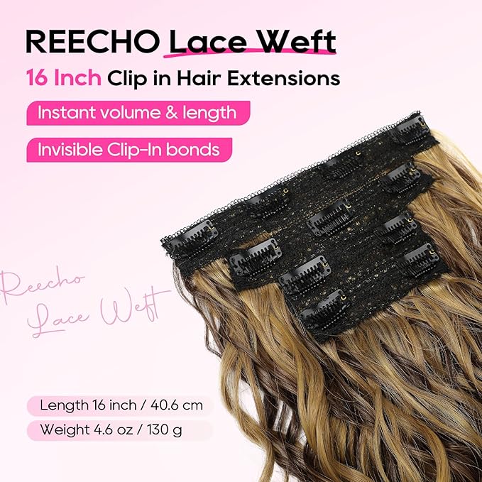 REECHO Curly Hair Extensions, 4PCS 16 inch Clip in Hair Extensions Lace Weft Short Curly Extension Clip Ins Invisible Natural Hairpieces for Women, Dark Brown with Highlights