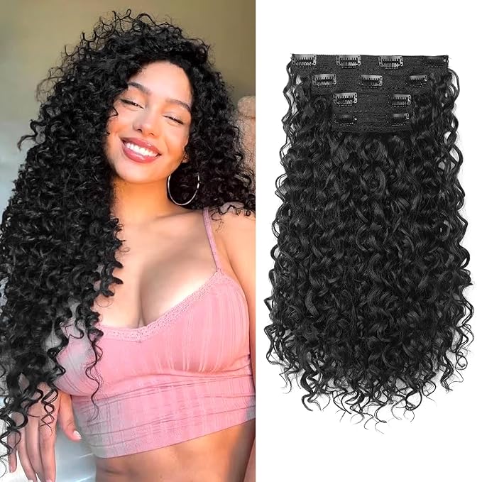 Clip in Hair Extensions, FLUFYMOOZ 4PC 100％ Pure Protein Silk Hair Extensions Long Soft Natural Hairpiece 16 Inch Curly Hair Extension for Women (Black)