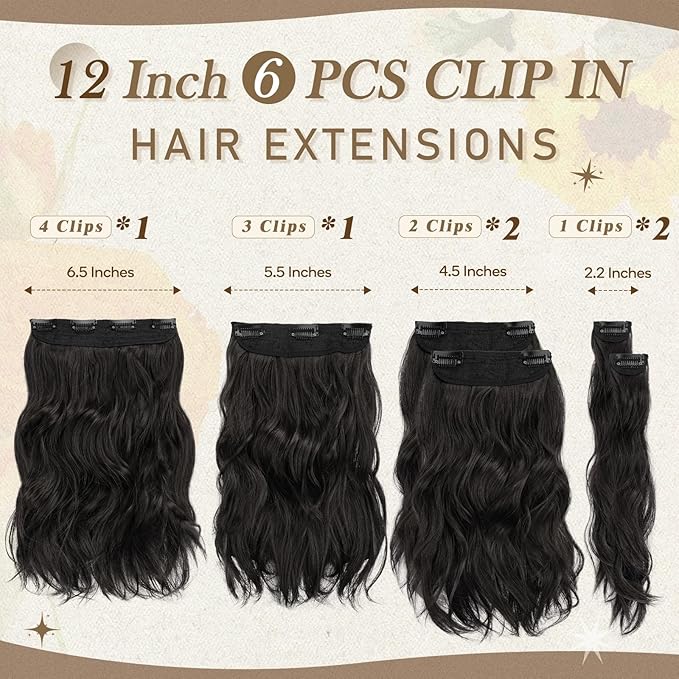 BARSDAR Wavy Black Brown Clip in Hair Extensions - Black Brown Wavy Clip in Hair Extensions for Women - 12 Inch 6 PCS Easy Wear Thick Soft Synthetic Natural Looking Hairpieces Daily Party Halloween