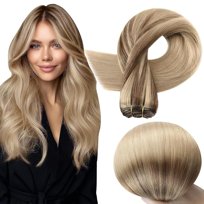Full Shine Hair Extensions Real Human Hair Sew In Color 10 Golden Brown Fading To 16 Golden Blonde Highlight 16 Blonde Human Hair Bundles Invisible Weft Extensions Remy Hair 20 Inch 105G