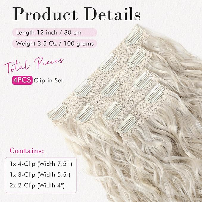 REECHO Clip in Hair Extensions, 4PCS Hair Extensions 12" Short Curly Wavy Blonde hair extensions Invisible Lace Weft Natural Soft Hairpieces for Women – Platinum Blonde