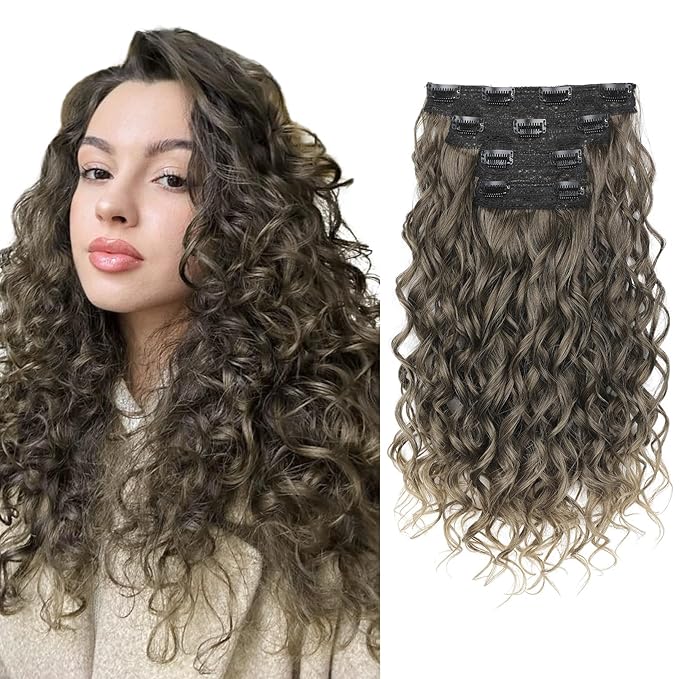 REECHO Curly Hair Extensions, 4PCS 16 inch Clip in Hair Extensions Lace Weft Short Curly Extension Clip Ins Invisible Natural Hairpieces for Women, Ombre Brown