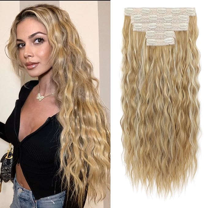Clip in Hair Extensions, REECHO 5PCS Brown Hair Extensions 24" Thick Long Loose Waves hair extensions HE002 Invisible Lace Weft Natural Soft Hairpieces for Women – Dark Blonde with Highlights