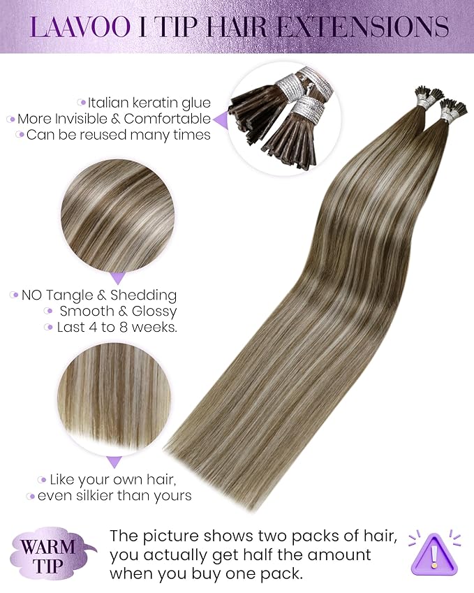 LaaVoo I Tip Hair Extensions Brown Ombre Platinum Blonde Mix Medium Brown ITips Hair Extensions Pre Bonded I Tips Extensions Real Human Hair Silky Long Straight 50g/50s 22 Inch