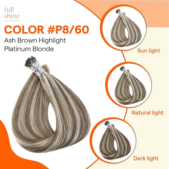 Full Shine I Tip Hair Extensions Human Hair 20 Inch Long Straight Itip Extensions Ash Brown Highlight Platinum Blonde Itip Human Hair Extensions 40 Grams add Length