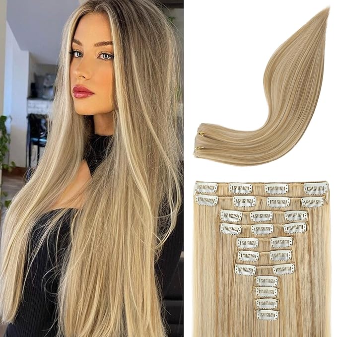 REECHO Hair Extensions, 11PCS Clip in Hair Extensions 24" Long Straight hair extensions HE005 Natural Soft Synthetic Hairpieces for Women – Dark Blonde with Highlights