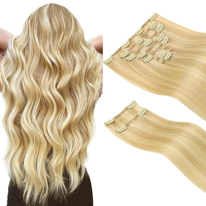 HOTBANANA Clip in Hair Extensions Real Human Hair, 150g 9pcs 24 inch Light Blonde Highlighted Golden Blonde Straight Remy Clip in Extensions Full Head for Women