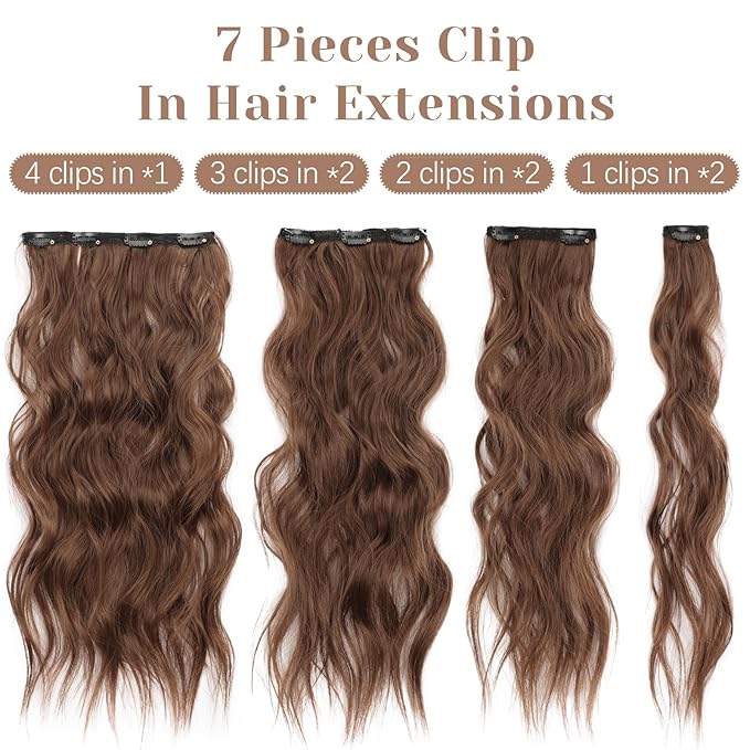 KooKaStyle Hair Extensions, 7PCS Clip in Hair Extension, 20 Inch Chestnut Brown Long Wavy Natural Soft Thick Hairpieces for Women…