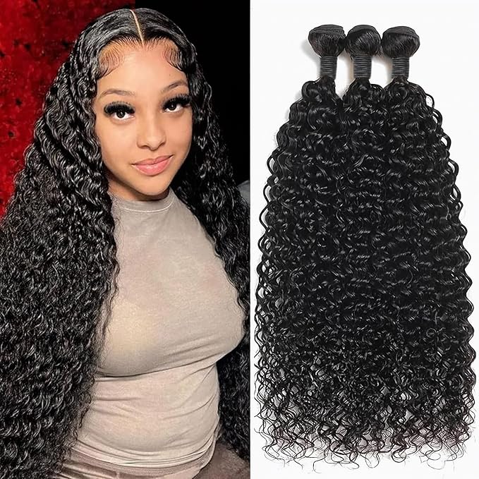 Water Wave Human Hair Bundles 20 20 20 Inch 12A Deep Curly Bundles Human Hair 100% Unprocessed Wet and Wavy Bundles Human Hair Extensions Natural Black