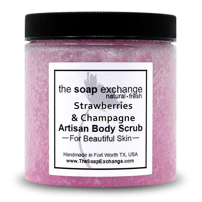 The Soap Exchange Sugar Body Scrub - Strawberries & Champagne Scent - Hand Crafted 8 fl oz / 240 ml Natural Artisan Skin Care, Shea Butter, Exfoliate, Moisturize, & Protect. Made in the USA.