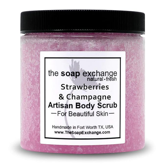 The Soap Exchange Sugar Body Scrub - Strawberries & Champagne Scent - Hand Crafted 8 fl oz / 240 ml Natural Artisan Skin Care, Shea Butter, Exfoliate, Moisturize, & Protect. Made in the USA.