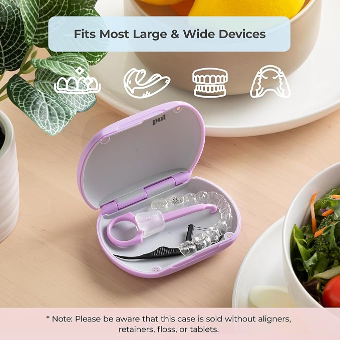 PUL Aligner Care Convenience Kit – Case + 2-in-1 Tool for Invisalign, Retainers, Partial Dentures, Mouth & Night Guards & More – White Case & 2-Pack of White Aligner Seating Chewie & Removal Tool